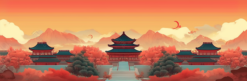 红色渐变大气国潮风插画故宫宫殿建筑外围林木树木茂盛,插画/手绘图,插画/手绘图库,插画/手绘图下载,插画/手绘